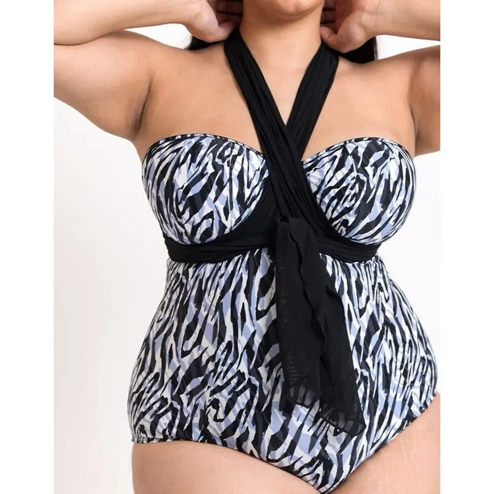 Curvy Kate Wrapsody Swimsuit Multiway Bandeau Strapless Zebra Print 32DDD NWT